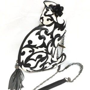 Mary Francis Leather Laser Cut Scroll Cat Kitten Kitty Tassel Crossbody Handbag